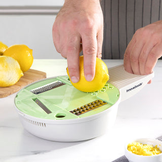 6 in 1 Multifunktionsreibe und -schneider mit Zubehör und Rezepten